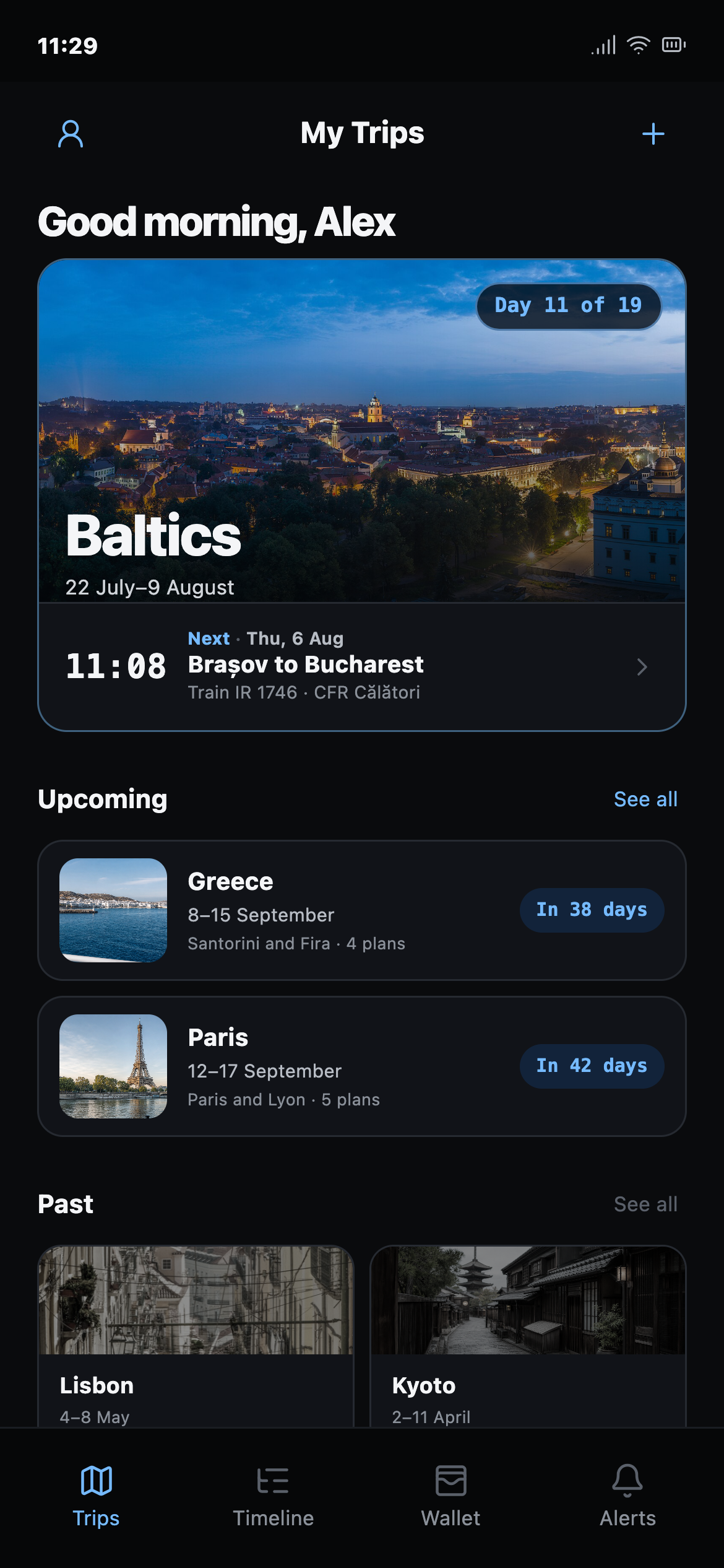 Example Trips overview with Baltics, Greece, Paris, and past trips