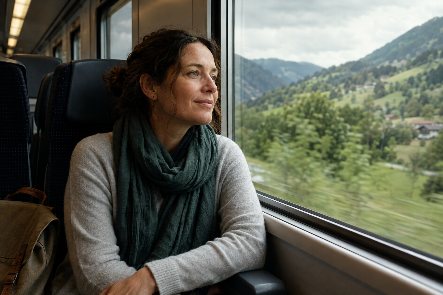 A traveller watching the scenery from a train