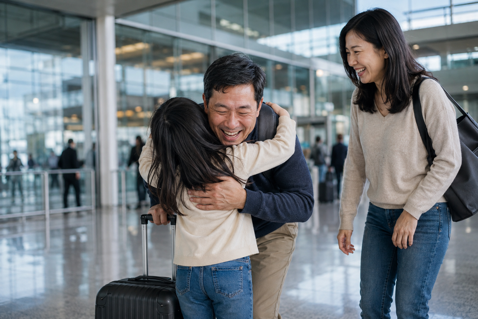 A family greeting each other at the airport